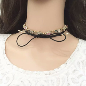 N-6496 bohemian vintage style gold plated black leather chain flower shape crystal pendant necklace for women jewelry