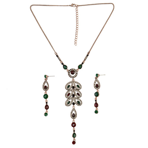 N-6502 Bohemian Vintage Ethnic Leaf Shape Choker Necklace Crystal Rhinestone Resin Tassel Necklaces Earrings For Women Set Jewelry