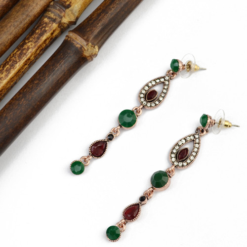 N-6502 Bohemian Vintage Ethnic Leaf Shape Choker Necklace Crystal Rhinestone Resin Tassel Necklaces Earrings For Women Set Jewelry