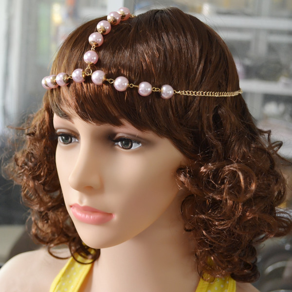 F-0374 New Fashion Pink Beads Goldplated Alloy Chain Hairband Head jewelry for women Accessory