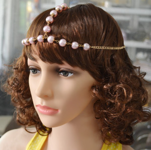 F-0374 New Fashion Pink Beads Goldplated Alloy Chain Hairband Head jewelry for women Accessory