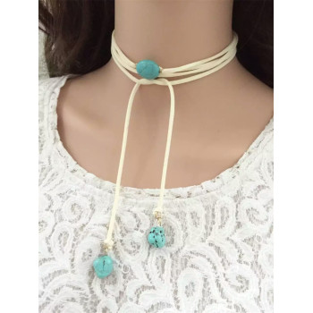 N-6504 Handmade Long Velvet Rope Leather Chain  Natural Turquoise Pendants Choker Necklace