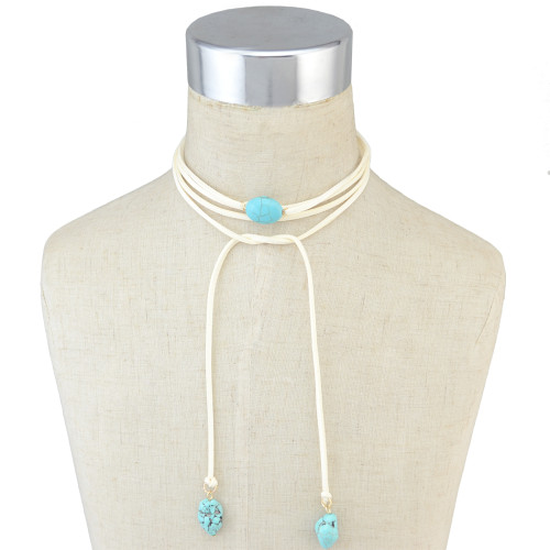 N-6504 Handmade Long Velvet Rope Leather Chain  Natural Turquoise Pendants Choker Necklace