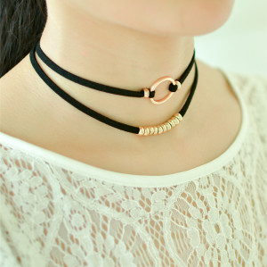 N-6509 Simple Design Double Black Leather Chain Silver Circle Beads Choker Bib Necklaces For Women Jewelry