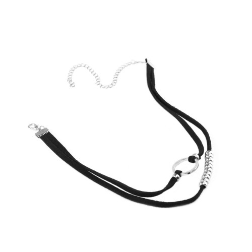N-6509 Simple Design Double Black Leather Chain Silver Circle Beads Choker Bib Necklaces For Women Jewelry