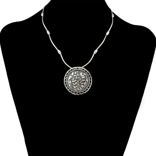 N-6505 Bohemian Vintage Silver Statement Necklace Carved Flower Turkish Round Shape Choker Necklaces Women Jewelry