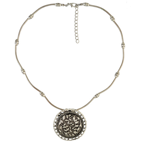 N-6505 Bohemian Vintage Silver Statement Necklace Carved Flower Turkish Round Shape Choker Necklaces Women Jewelry