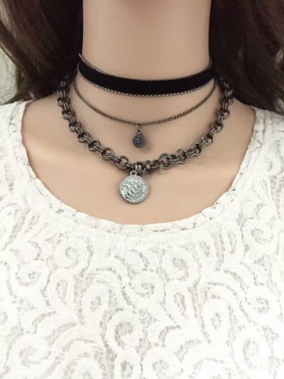 N-6527 3 Pcs/set Vintage Fashion  Black Leather Bronze Chain Coin Pendant Choker Short Necklaces For Women Girls Jewelry