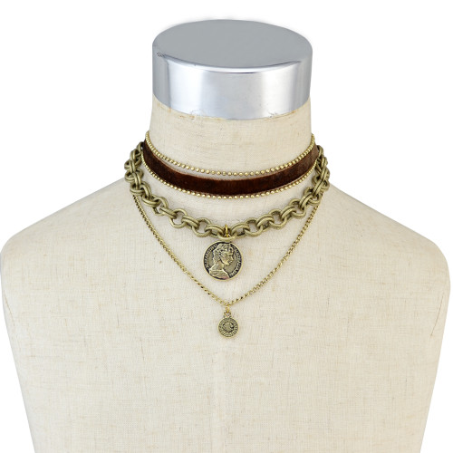 N-6527 3 Pcs/set Vintage Fashion  Black Leather Bronze Chain Coin Pendant Choker Short Necklaces For Women Girls Jewelry