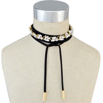 N-6529 Korean Style Fashion Black Leather Gold Chain Grey Clear Crystal Choker Bib Necklaces For Women Girls Jewelry