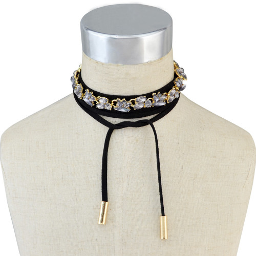 N-6529 Korean Style Fashion Black Leather Gold Chain Grey Clear Crystal Choker Bib Necklaces For Women Girls Jewelry