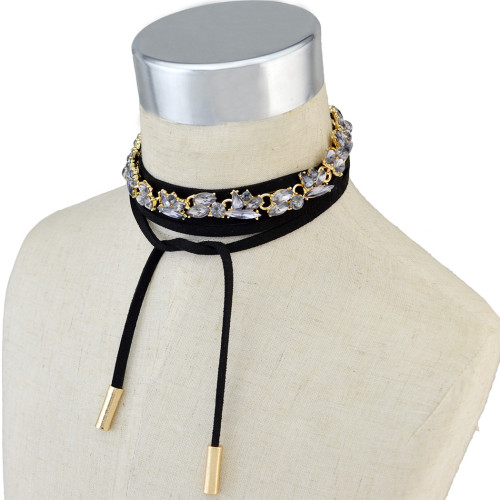 N-6529 Korean Style Fashion Black Leather Gold Chain Grey Clear Crystal Choker Bib Necklaces For Women Girls Jewelry