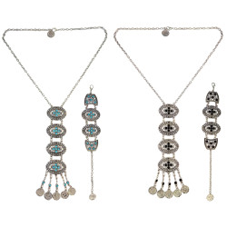 N-6530 B-0824 Bohemian Vintage Silver Inlay Resin Bead Coins Tassels Pendant Necklace Bracelets For Women Set Jewelry