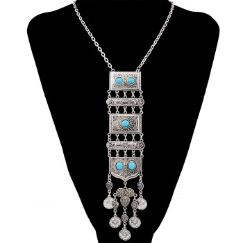 N-6531 B-0825 Vintage Style Ethnic Tribal Silver Plated Alloy Inlay Resin Bead Geometry Shape Pendant Coins Tassels Fringe Pendant Long Necklace Bracelets For Women Jewelry Set