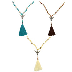 N-6533 Bohemian Handmade Rope Chain Wooden Beaded Shell Cattle Pendant Necklace Rope Tassel Necklaces For Women Jewerly