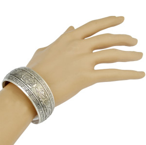 B-0821 Retro Silver Bangle Cuff Openable Adjustable Carved Phoenix Flower Wide Bangles