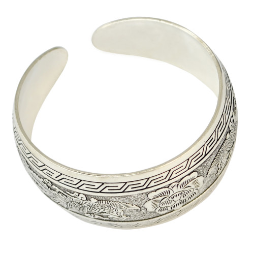 B-0821 Retro Silver Bangle Cuff Openable Adjustable Carved Phoenix Flower Wide Bangles