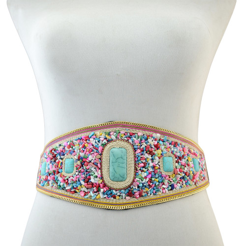 N-6540 Gypsy Tauren Charms Ethnic Belt Belly Chain Inlay Imitation Turquoise Resin Beads Elastic Adjustable Waist Belly Chain Body Jewelry