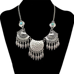 N-6557 Bohemian Silver Fashion Necklace Natural Turquoise Beads Tassel Pendant Necklace Women Jewelry