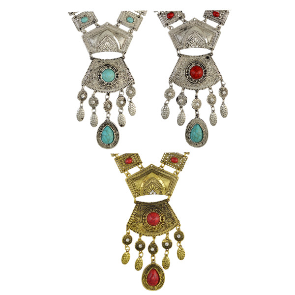 N-6568 Bohemian Necklace Inlay Crystal Natural Turquoise Beads Geometric Shape Carved Flower Tassel Pendant Necklaces