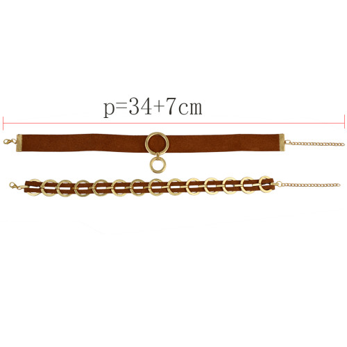 N-6566 Punk Style Fashion 2 Pcs/set Black Brown Leather Gold Circle Choker Necklaces Short Calvicle Necklaces For Women Girls Jewelry