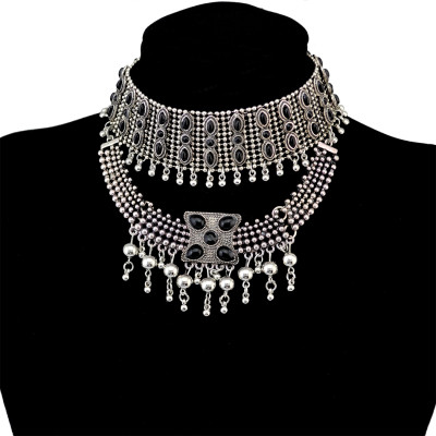 N-6575 Retro Boho Tribal Tassel Collar Bib Chain Chunky Pendant Statement Necklace Choker for Women