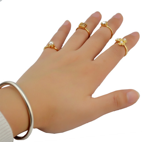 R-1423 Fashion Vintage Gold Joint Knuckle Nail Pearl Rhinestone Midi Ring Set Jewelry for Women