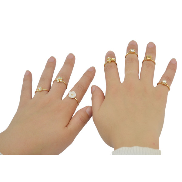 R-1423 Fashion Vintage Gold Joint Knuckle Nail Pearl Rhinestone Midi Ring Set Jewelry for Women