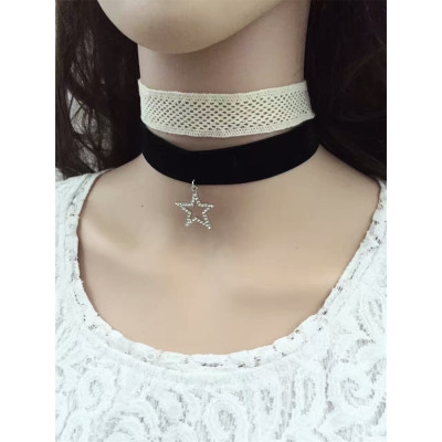 N-6573 3Pcs/set Simple Design Velvet Neckband Choker Necklace Rhinestone Stars Moon Shape Decration Necklaces For Women Jewelry