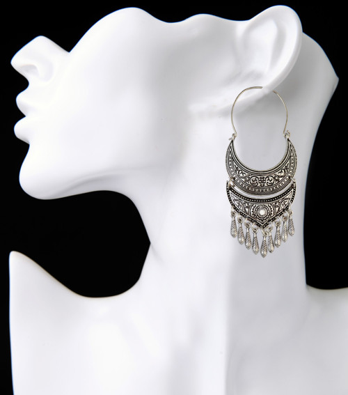 E-3931 1 Pair Bohemian Vintage Antique Silver Silver Plated Sun Carved Fashion Earring Bead Dangle Drop Earrings For Women Jewelry  SKU: