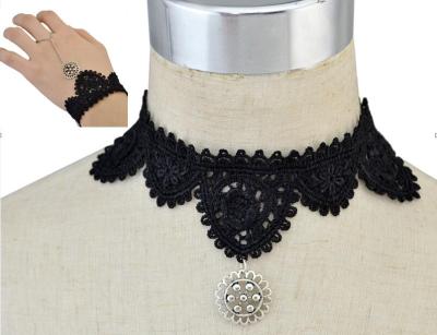 N-6576 Lace set Amazing Elegant Black Lace Belt SIlver Flower Pendant Choker Bracelet Necklaces Set