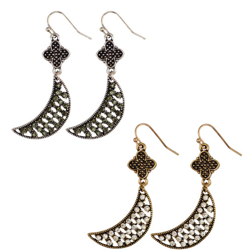 E-3934 Bohemian Fashion Vintage Silver/Gold Indian Style Flower Moon Shape Rhinestone Hook Earrings For Women Jewelry