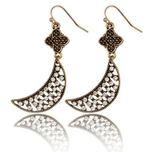 E-3934 Bohemian Fashion Vintage Silver/Gold Indian Style Flower Moon Shape Rhinestone Hook Earrings For Women Jewelry