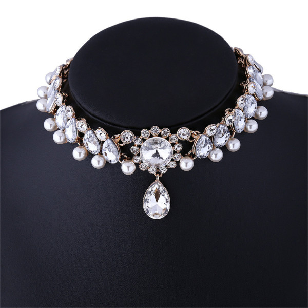 N-6580 European Luxury Elegant Silver Gold Choker Inlay Pearls Crystal Rhinestone Flower Statement Trendy Waterdrop Shape Pendant Necklace Jewelry