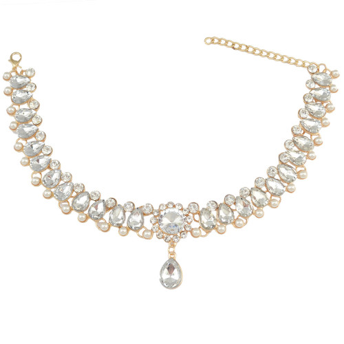 N-6580 European Luxury Elegant Silver Gold Choker Inlay Pearls Crystal Rhinestone Flower Statement Trendy Waterdrop Shape Pendant Necklace Jewelry