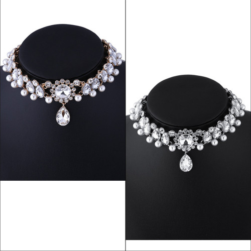 N-6580 European Luxury Elegant Silver Gold Choker Inlay Pearls Crystal Rhinestone Flower Statement Trendy Waterdrop Shape Pendant Necklace Jewelry