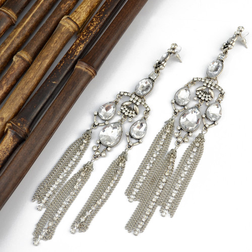 E-3928 New Arrival Silver Plated Oval Alloy Crystal Rhinestone Drop Chain  Dangle Earrings Long Earrings Fashion for Women Jewelry