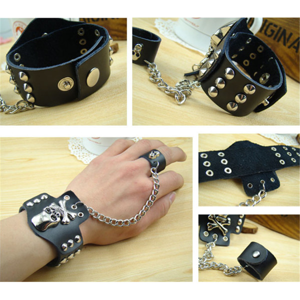 B-0829 Fashion Leather Balck White Punk Personality Skull Rivet Adjustable Cuff Bangle Bracelet with Finger Ring Unisex Bracelets