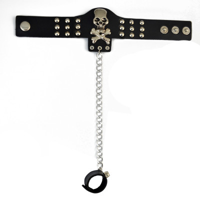 B-0829 Fashion Leather Balck White Punk Personality Skull Rivet Adjustable Cuff Bangle Bracelet with Finger Ring Unisex Bracelets