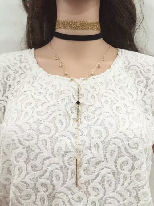 N-6579 Gold Fashion Chain Necklace  Crystal Rhinestone Pendant & Necklace for Women Jewelry with Black Choker Necklace