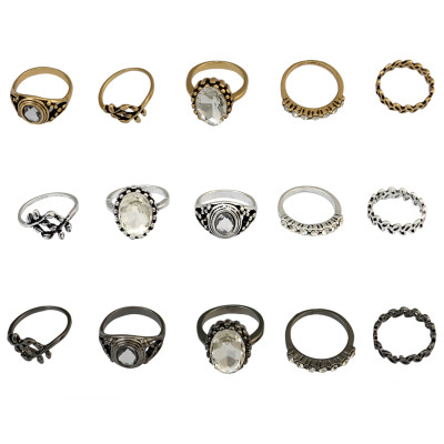 R-1424 5Pcs/Set Bohemian Vintage Style Alloy Ring Crystal Rhinestone Knuckle Nail Midi Rings Jewelry