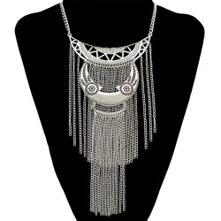 N-6584 Bohemian Silver Fashion Necklace Carved Hollow Out Moon Shape Rope Chain Tassels Pendant Necklaces Jewelry