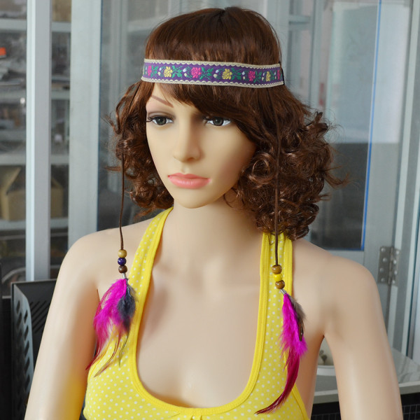 F-0381 Bohemian Handmade Embroidery Flower Elastic Rope Chain Wooden Beaded Feather Tassel Headdress Hairband Women Jewelry