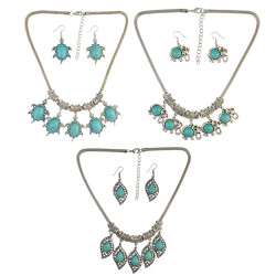 N-6608 Bohemian Turkish Ethnic Inlay Rhinestone Turquoise Tortoise /Leaf/Elephant Shape Pendant Necklaces Earrings For Women Set Jewelry