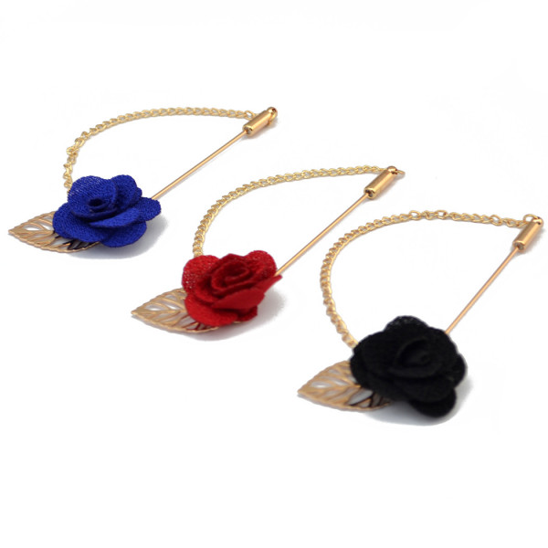 P-0352 Cloth Rose Flowers Corsage Men's Brooches Suit Jacket Accessories Brooch Pin with Chain Marry Jewelry 3 Colors