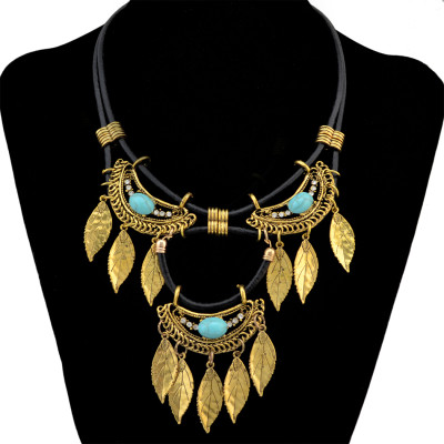 N-6615 Bohemian Fashion Gold Silver Alloy Inlay Natural Turquoise Rhinestone Choker Necklace Leaf Tassels Statement Necklaces Women Jewelry