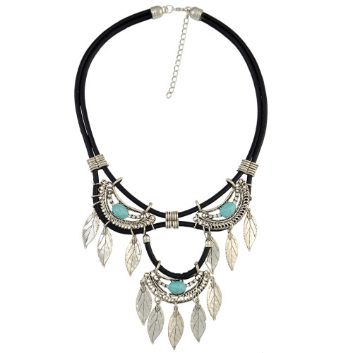 N-6615 Bohemian Fashion Gold Silver Alloy Inlay Natural Turquoise Rhinestone Choker Necklace Leaf Tassels Statement Necklaces Women Jewelry