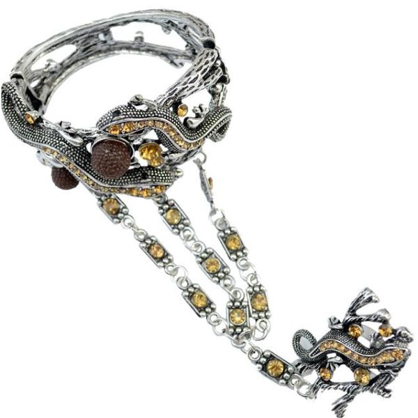 B-0709 Hot Sale Retro Vintage Sterling Silver Gemstone Long Tassel Chain Bracelet with Lovely Small gecko shape Bracele Jewelry