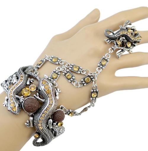 B-0709  Hot Sale Retro Vintage Sterling  Silver Gemstone Long Tassel Chain  Bracelet with Lovely Small gecko shape Bracele Jewelry
