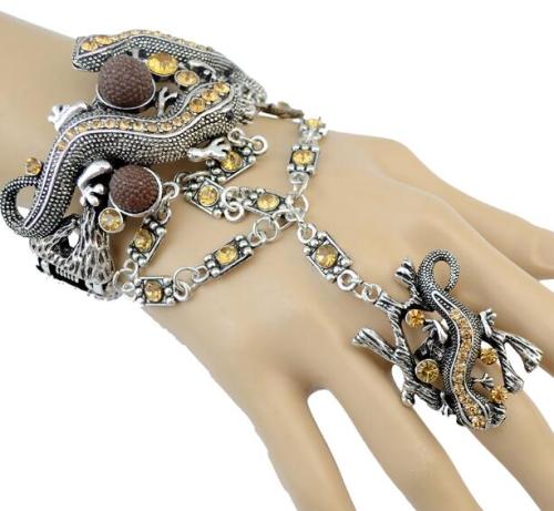 B-0709  Hot Sale Retro Vintage Sterling  Silver Gemstone Long Tassel Chain  Bracelet with Lovely Small gecko shape Bracele Jewelry